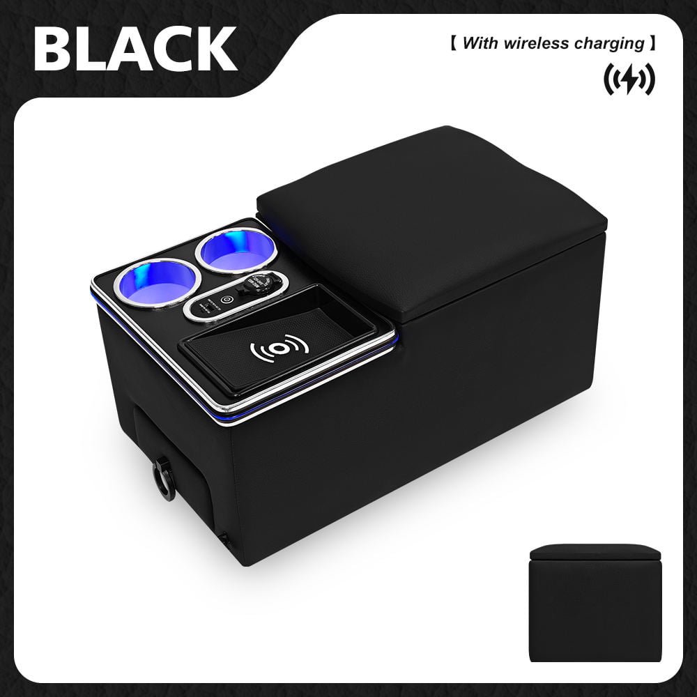 Black Rear Seat Center Console Armrest Box with Wireless Charging LED Ambient Light and Flip-Up Storage