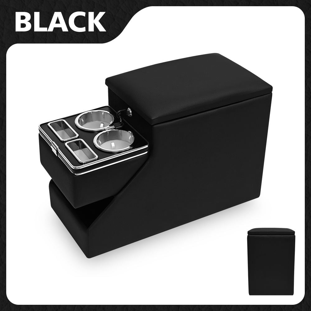 Black 24cm Universal Center Console Organizer Between Seats with Lock, Flip Top, Dual Cup Holder and PU Leather Armrest
