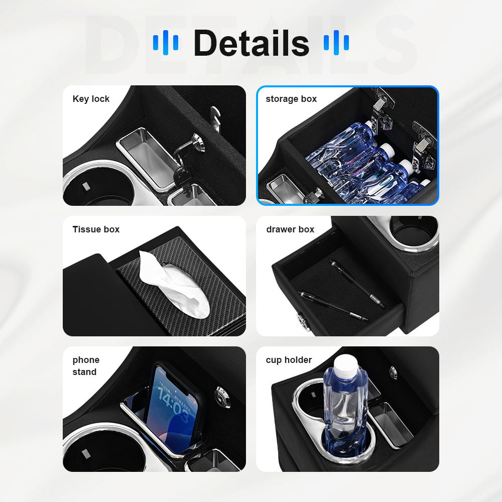 Center Console Organizer with Phone Holder and Tissue Box Design